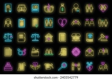 Divorce separation icons set. Outline set of divorce separation vector icons neon color on black