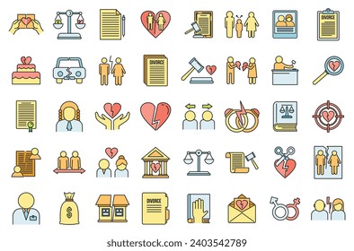 Divorce separation icons set. Outline set of divorce separation vector icons thin line color flat on white