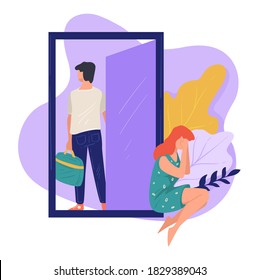 Divorce or separation of wife and husband, man carrying bag walking away. Male character leaving girlfriend crying alone. Break up and relationship ending, unhappy personages vector in flat style