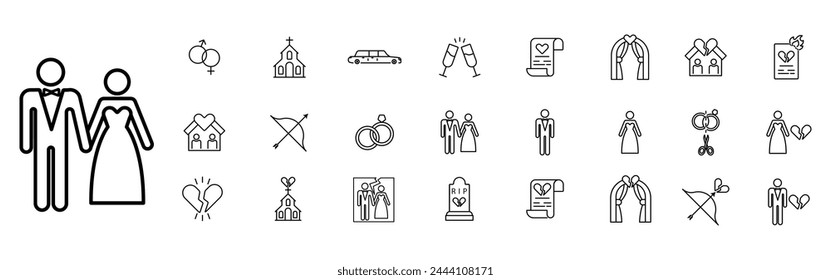 Divorce set icon. Divided photo, break, wedding rings, cut, scissors, breakup, separate, bride, wedding dress and suit, butterfly tie. Parting, ending a relationship concept. Glassmorphism style.