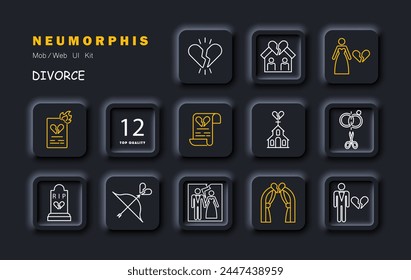 Divorce set icon. Document, broken heart, burning paper, breakup, separate, bride, wedding dress, bow, grave, photo card, split, crown. Parting, ending a relationship concept. Vector line icon.