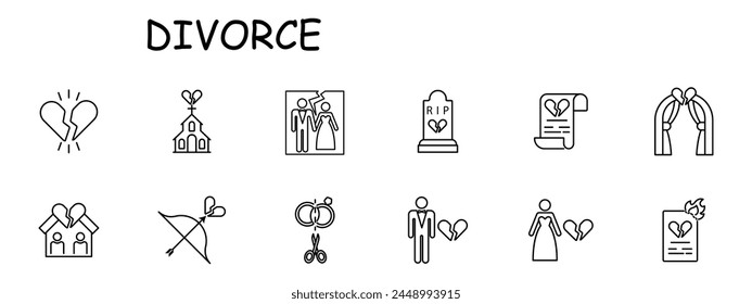 Divorce set icon. Document, broken heart, burning paper, breakup, separate, bride, wedding dress, bow, grave, photo card, split, crown. Parting, ending a relationship concept. Vector line icon.