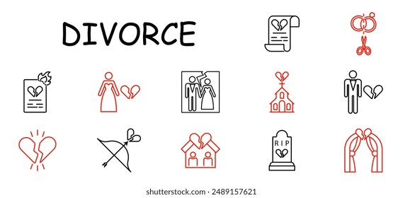 Divorce set icon. Document, broken rings, couple, split heart, lawyer, broken family, broken vows, separation, grief, breakup, divorce proceedings.