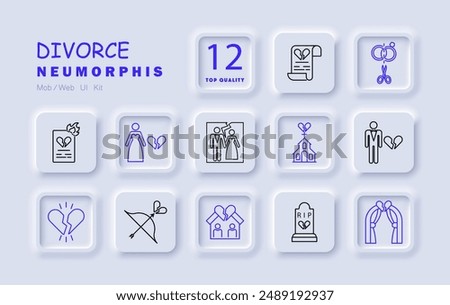 Divorce set icon. Rings, scissors, bride, broken heart, house, church, couple, photo, documents, grave, arrow, fire, split, legal separation, marriage dissolution, heartbreak, conflict, family, loss.