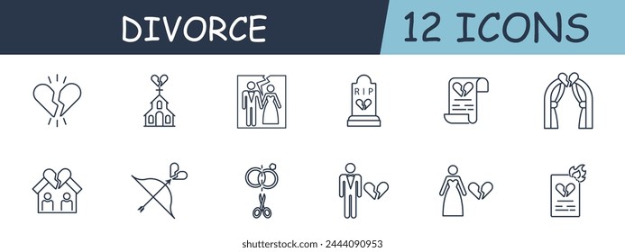 Divorce set line icon. Church, document, veil, rings, priest, ritual, Cupid. 12 line icon Vector line icon for business and advertising