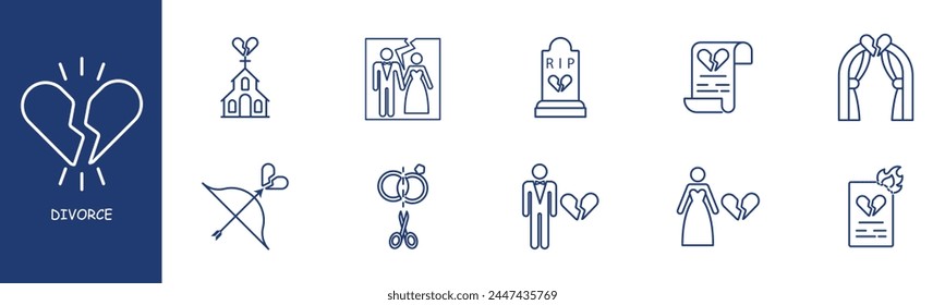 Divorce set line icon. Church, document, veil, rings, priest, ritual, Cupid. Pastel colors background Vector line icon for business and advertising