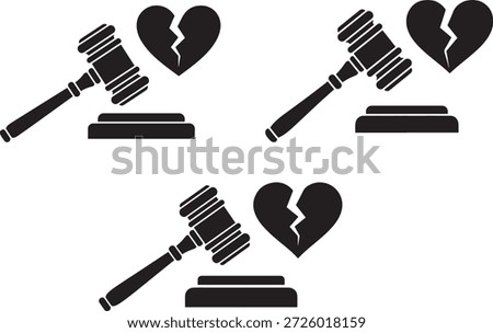 Divorce settlement law and broken heart with gavel and stand divorce court
