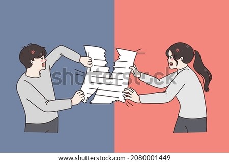 Divorce and sharing property concept. Young angry furious couple man and woman fighting sharing official paper property pulling to both sides vector illustration 