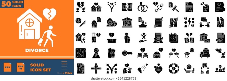 Divorce Solid Editable Icons set. Vector illustration in modern thin solid style of divorce icons: broken heart, court gavel, child, etc