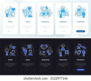 Divorce stages night and day mode onboarding mobile app screen. Mental walkthrough 5 steps graphic instructions pages with linear concepts. UI, UX, GUI template. Myriad Pro-Bold, Regular fonts used