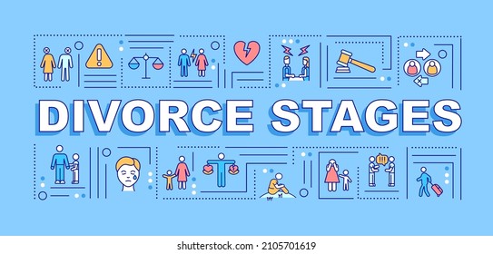 Divorce stages word concepts blue banner. Separation acception steps. Infographics with linear icons on background. Isolated typography. Vector color illustration with text. Arial-Black font used