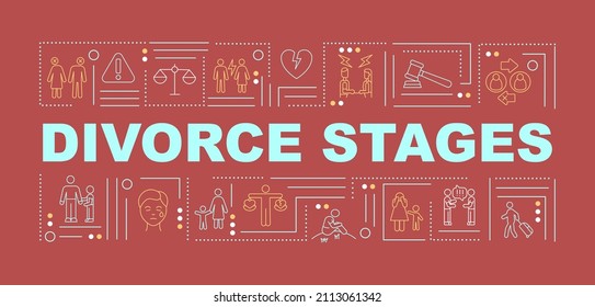 Divorce stages word concepts red banner. Couple breakup acception steps. Infographics with linear icons on background. Isolated typography. Vector color illustration with text. Arial-Black font used
