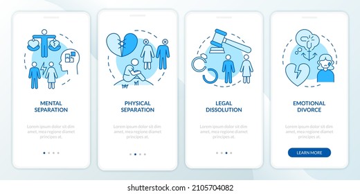 Divorce surviving blue onboarding mobile app screen. Acceptance stages walkthrough 4 steps graphic instructions pages with linear concepts. UI, UX, GUI template. Myriad Pro-Bold, Regular fonts used