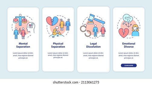 Divorce surviving onboarding mobile app screen. Breakup walkthrough 4 steps graphic instructions pages with linear concepts. UI, UX, GUI template. Myriad Pro-Bold, Regular fonts used