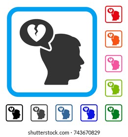 Divorce Thinking Man icon. Flat gray pictogram symbol inside a blue rounded rectangle. Black, gray, green, blue, red, orange color variants of Divorce Thinking Man vector.