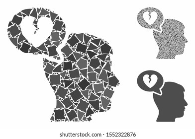 Divorce thinking man mosaic of humpy parts in different sizes and color tinges, based on divorce thinking man icon. Vector joggly pieces are organized into collage.