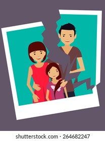 Divorce. Torn Photo Of A Happy Family. Vector Illustration