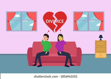 Divorce vector concept: Sad young couple cartoon having conflict with breakup heart and divorce text on the sofa