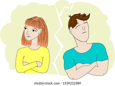 Divorce. Vector illustration of a married couple who is getting divorced. Quarrel of husband and wife. Family breakup, divorce. Family Conflict