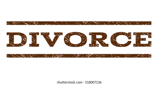 Divorce watermark stamp. Text tag between horizontal parallel lines with grunge design style. Rubber seal stamp with scratched texture. Vector brown color ink imprint on a white background.