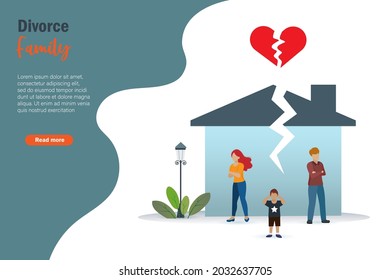 Divorced Child And Family. Sad Kid With Broken Heart And Angry Mother And Frustrated Father. Kid Mental Health Problem From Parent Separation.