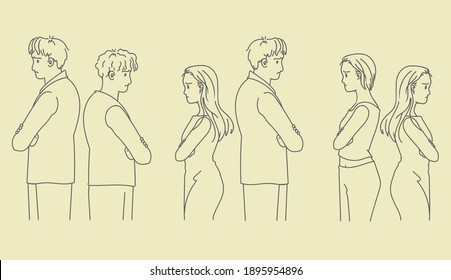 Divorced couple or couples are angry set. Hand drawn style vector.