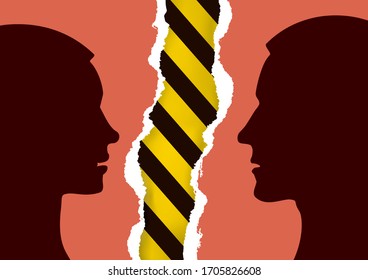 Divorced couple, dangerous  relationship, concept. 
Ripped paper with man and woman stylized silhouettes and under construction sign. Vector available.