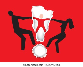 Divorced Couple, figthing over a baby. 
Illustration of Couple with child and torn paper exclamation mark. Vector available.