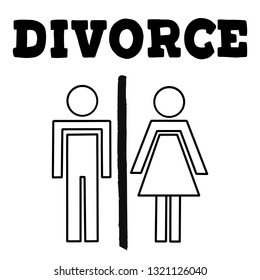 A divorced couple with man and woman silhouettes separated and divided with wide wall. Family problem  of husband and wife, break up and alimony issue. Vector lettering illustration eps10.