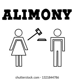 A divorced couple with man and woman silhouettes separated and divided with judge's hammer. Family problem of husband and wife, break up and alimony issue. Vector lettering illustration eps10.