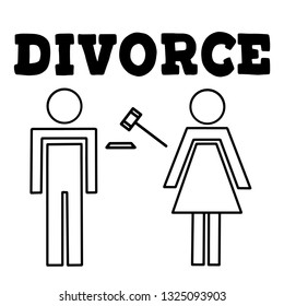 A divorced couple with man and woman silhouettes separated and divided. Family problem of husband and wife, break up and alimony issue. Vector lettering illustration with judge hammer. Eps10
