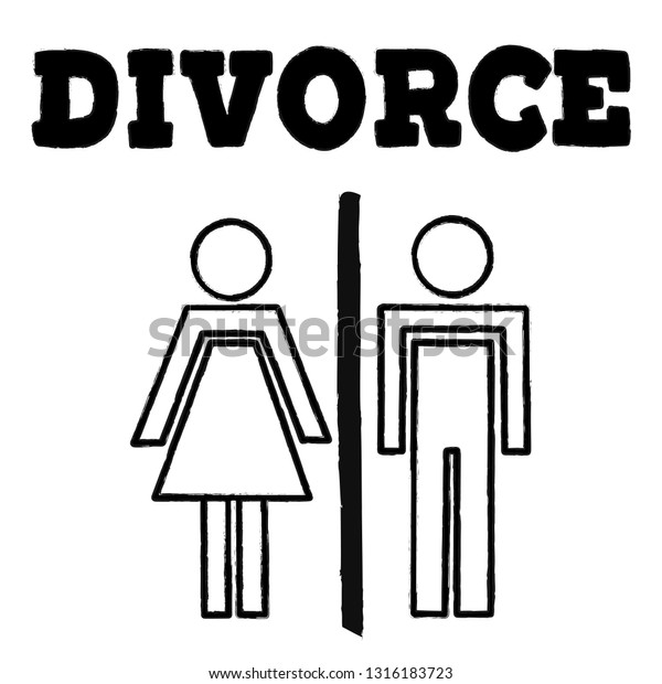 Divorced couple, man and woman silhouettes\
separated and divided with wall. Family problem of husband and\
wife, break up and alimony issue. Vector lettering illustration\
eps10 in black and white\
color