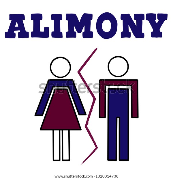A divorced\
couple with man and woman silhouettes separated and word alimony.\
Family problem  of husband and wife, break up and alimony issue.\
Vector lettering illustration\
eps10.