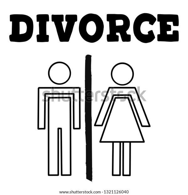 A divorced couple with man and woman silhouettes\
separated and divided with wide wall. Family problem  of husband\
and wife, break up and alimony issue. Vector lettering illustration\
eps10.
