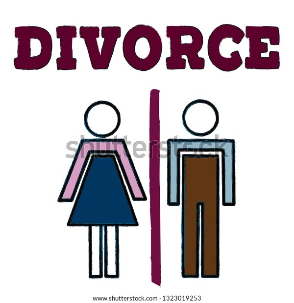 A divorced couple with man and woman silhouettes\
separated and divided with wide wall. Family problem of husband and\
wife, break up and alimony issue. Vector lettering illustration\
eps10.