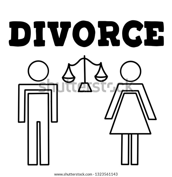 A divorced couple with man and woman silhouettes\
separated and divided with scales of justice. Family problem  of\
husband and wife, break up and alimony issue. Vector lettering\
illustration eps10.