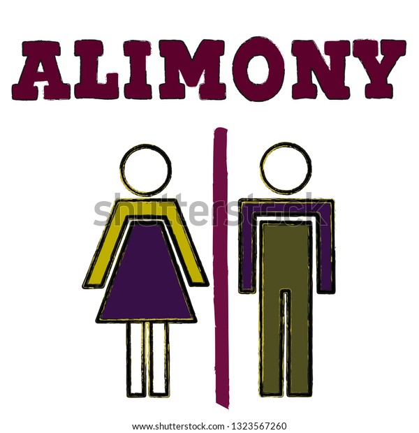 A divorced couple with man and woman silhouettes\
separated and divided. Family problem of husband and wife, break up\
and alimony issue. Vector lettering illustration of a word alimony.\
Eps10.