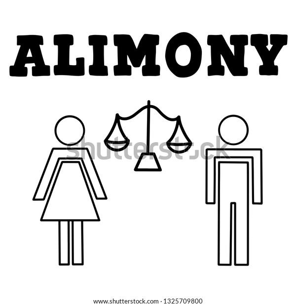 A divorced couple with man and woman silhouettes\
separated and divided with scales of justice. Family problem of\
husband and wife, break up and alimony issue. Vector lettering\
illustration eps10.