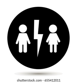 Divorced couple on circle. Man and woman characters quarrel. Symbol of  marriage problems.Quarrel. Vector illustration on black background.
