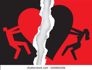 
Divorced couple, red and black ripped paper with heart symbol. 
Torn  paper with man and woman silhouettes and broken heart icon symbolizing the end of love. Vector available.