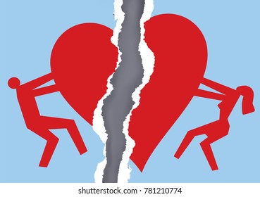 
Divorced couple ripped paper with heart symbol. Ripped paper with man and woman silhouettes and broken heart icon symbolizing the end of love. Vector available. 