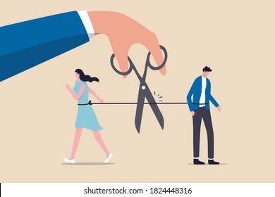 Divorced couple, separation of broken marriage end of relationship concept, hand using scissors to cut rope to rip apart couple, troubles man and woman with sadness emotion.