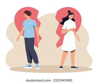 Divorced couple vector concept. Man and woman in halves of heart. Psychological problems and mental health. Love and romantic relationships, negative emotions in family. Cartoon flat illustration