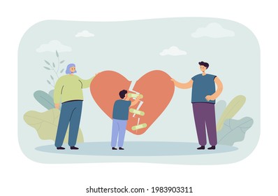 Divorced family getting back together. Man and woman holding pieces of broken heart, little boy trying to tape it with band-aids. Family reunion concept for banner, website design or landing web page