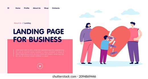 Divorced family getting back together. Man and woman holding pieces of broken heart, little boy trying to tape it with band-aids. Family reunion concept for banner, website design or landing web page