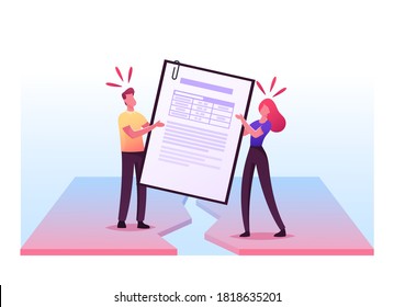 Divorced Husband and Wife Characters Pulling Huge Marriage Contract during Property Division Process. Separation, Regulation and Execution Rights between Spouse. Cartoon People Vector Illustration