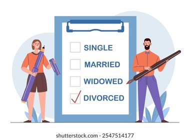 Divorced marital status. Man and woman near clipboard with different wedding statuses. Negative feelings and emotions. Frustration and depression. Flat vector illustration isolated on white background