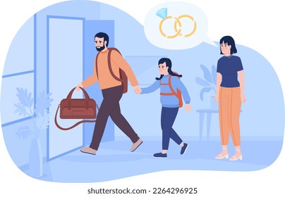 Divorced parents 2D vector isolated spot illustration. Father taking sad daughter away from mother flat characters on cartoon background. Colorful editable scene for mobile, website, magazine