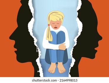 
Divorced parents and huddled sad girl.
Torn paper with man, woman and child stylized silhouettes symbolizing the effect of divorce on the child. Vector available.