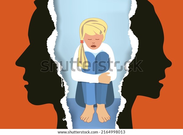\
Divorced parents and huddled\
sad girl.\
Torn paper with man, woman and child stylized\
silhouettes symbolizing the effect of divorce on the child. Vector\
available.